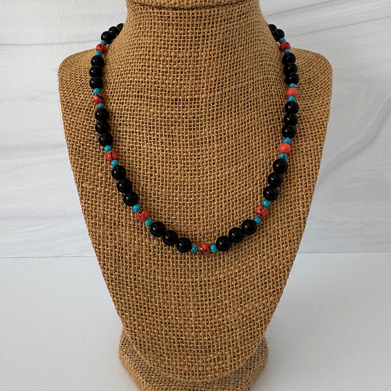 Mens Black Onyx Vermillion and Blue Howlite Beaded Necklace 18".
