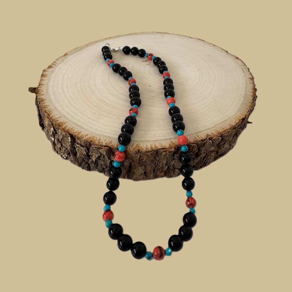 Mens Black Onyx Orange and Blue Howlite Beaded Necklace.