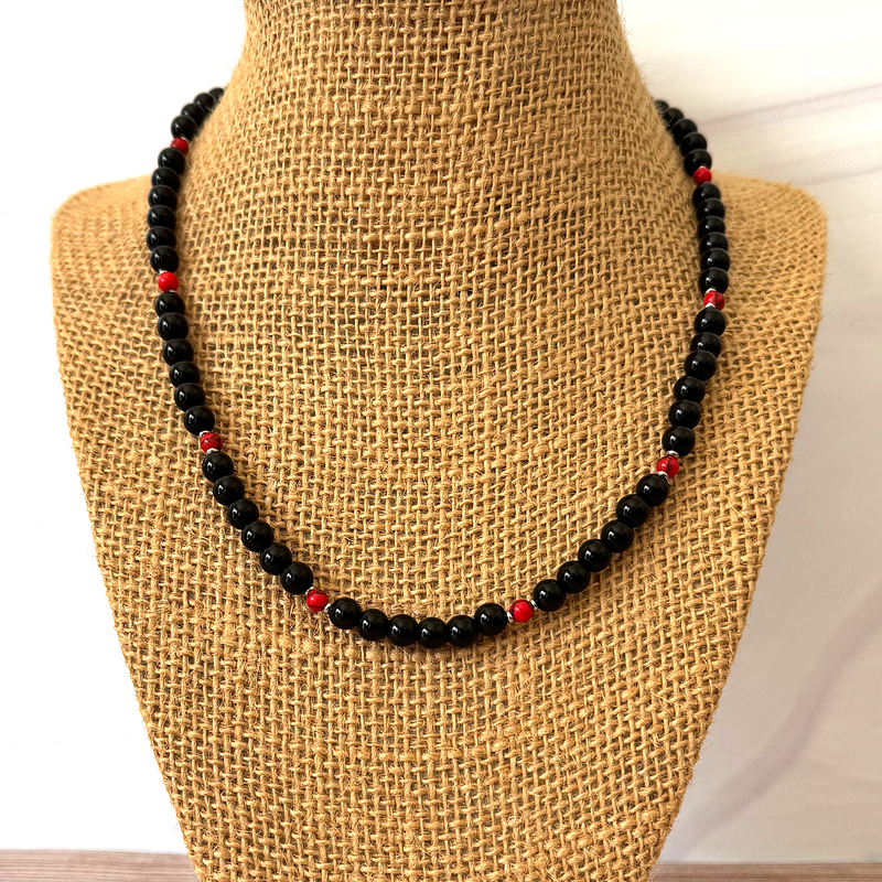 Mens Black Onyx 6mm and Red Howlite Beaded Necklace 18", 20"