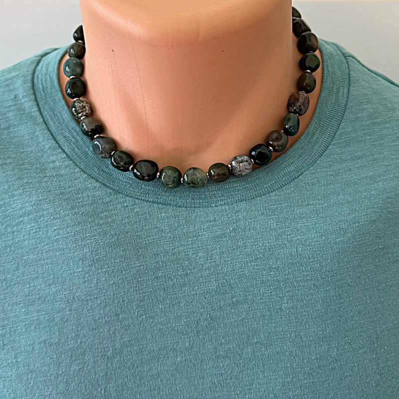 Mens Bloodstone Nugget Beaded Necklace Green, Silver 16"