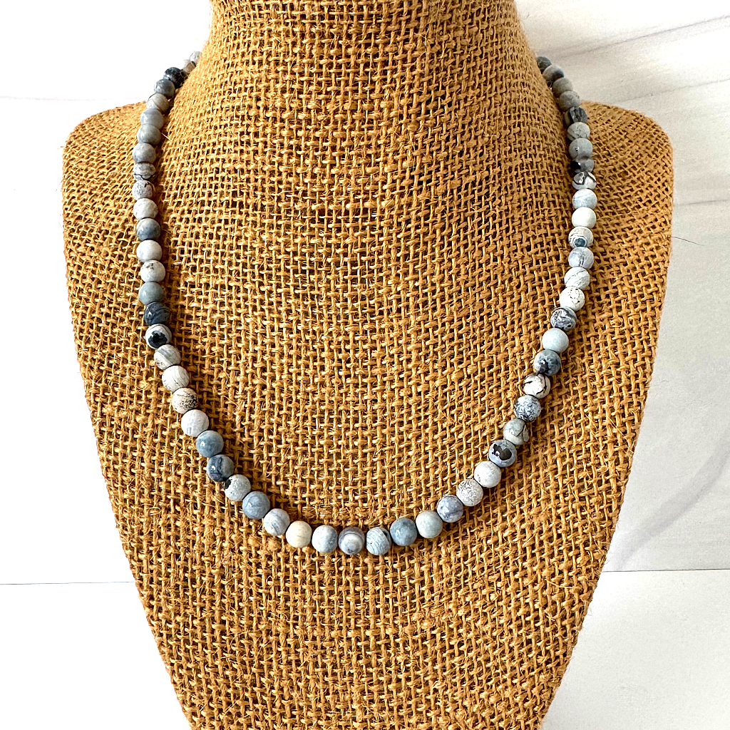 Mens Blue and White Agate Beaded Necklace 6mm