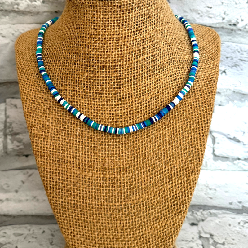 Blue Green and White Mens Polymer Necklace