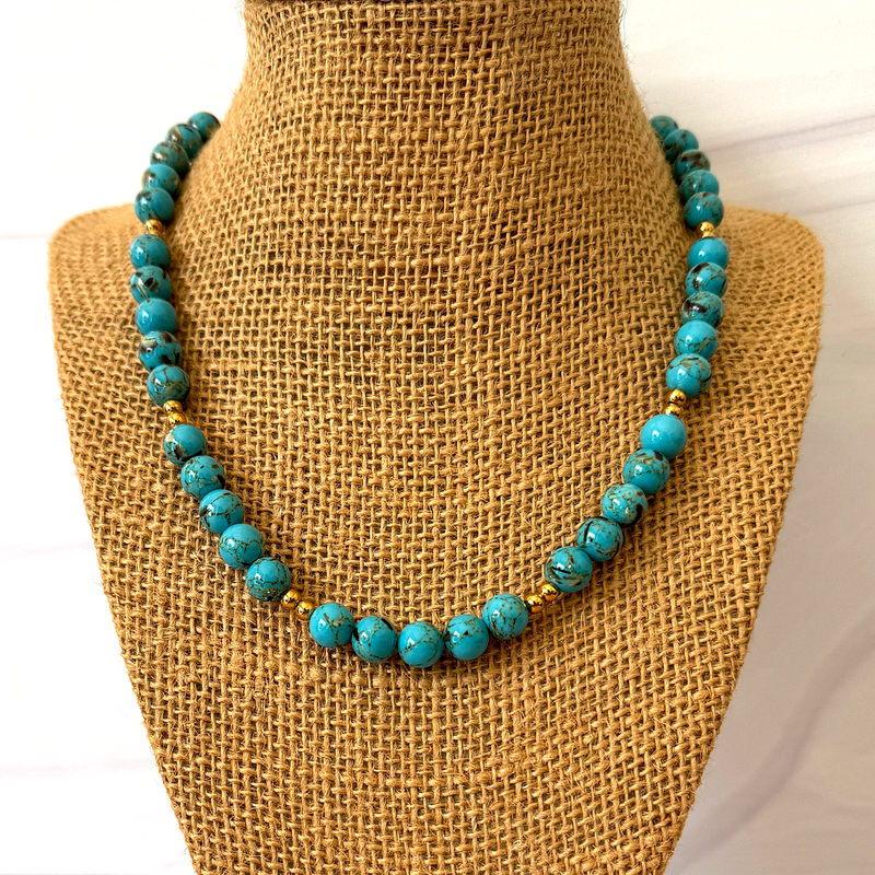 Mens Pacific Blue Howlite and Gold Beaded Necklace 20"