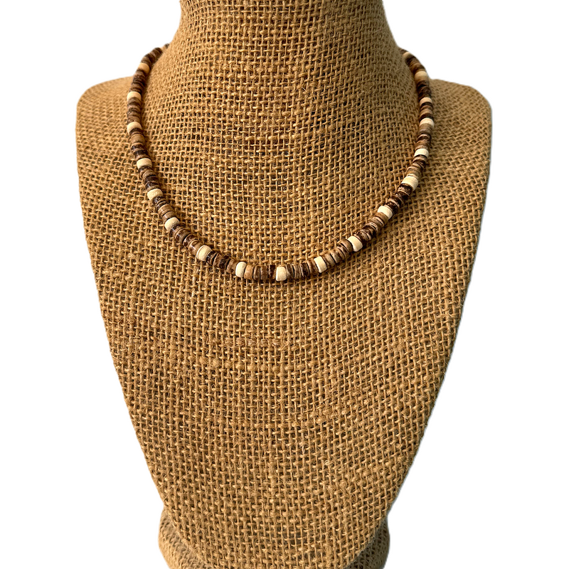Mens Brown and Cream Coconut Wood Beaded Necklace on a Stand