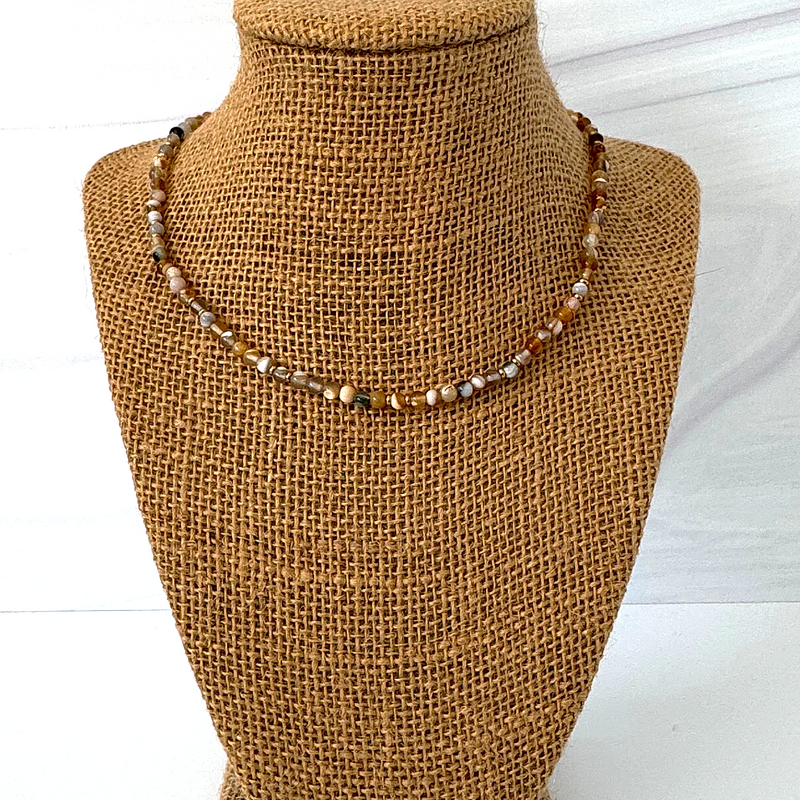 Men's 4mm Brown Line Agate and Gold Beaded Necklace, Gray, White, Beige.