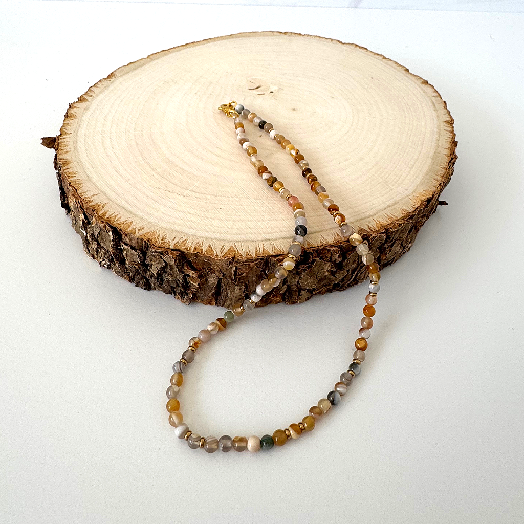 Men's 4mm Brown Line Agate and Gold Beaded Necklace 16".