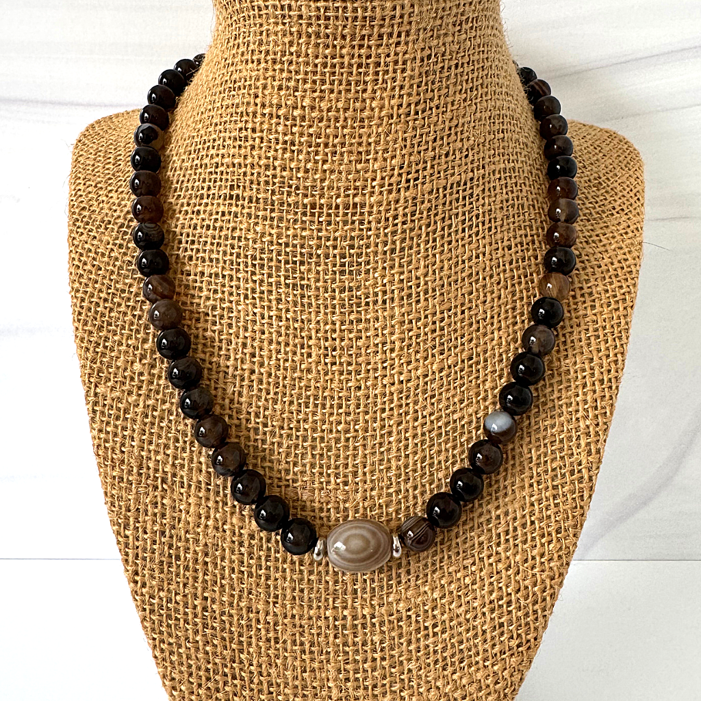 Mens Dark Brown and Striped Agate Beaded Necklace 8mm