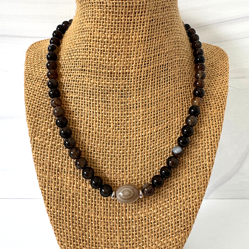 Mens Dark Brown and Striped Agate Beaded Necklace 8mm