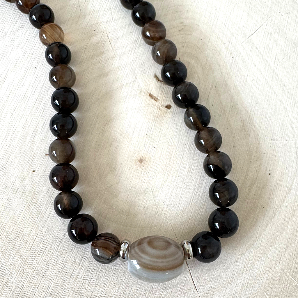 8mm Mens Dark Brown and Striped Agate Beaded Necklace