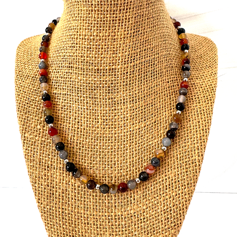 Mens Dark Multi-Color 6mm Agate and Silver Beaded Necklace - JaeBee