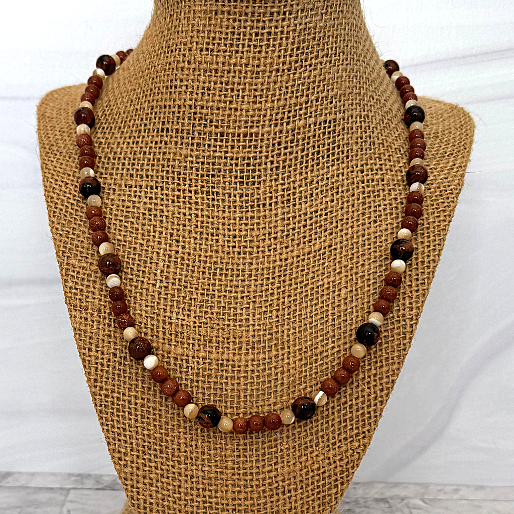 Mens Brown and Beige Beaded Necklace 18", 6mm