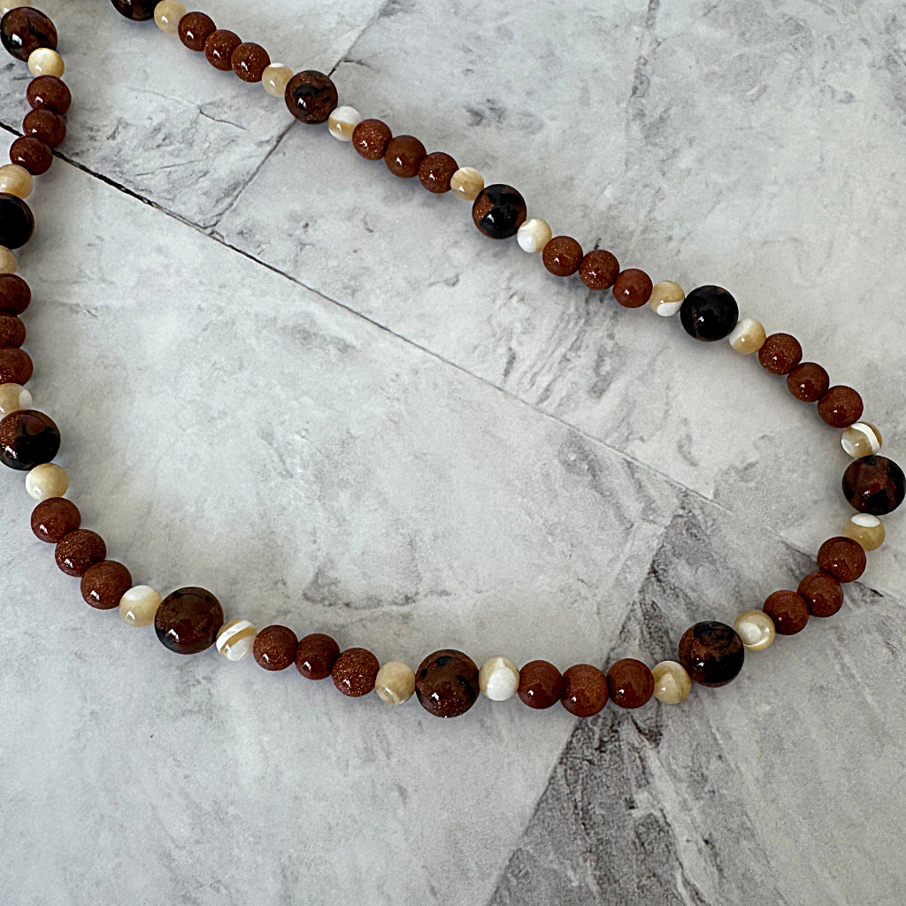 Mens Brown Beaded Necklace 18", White