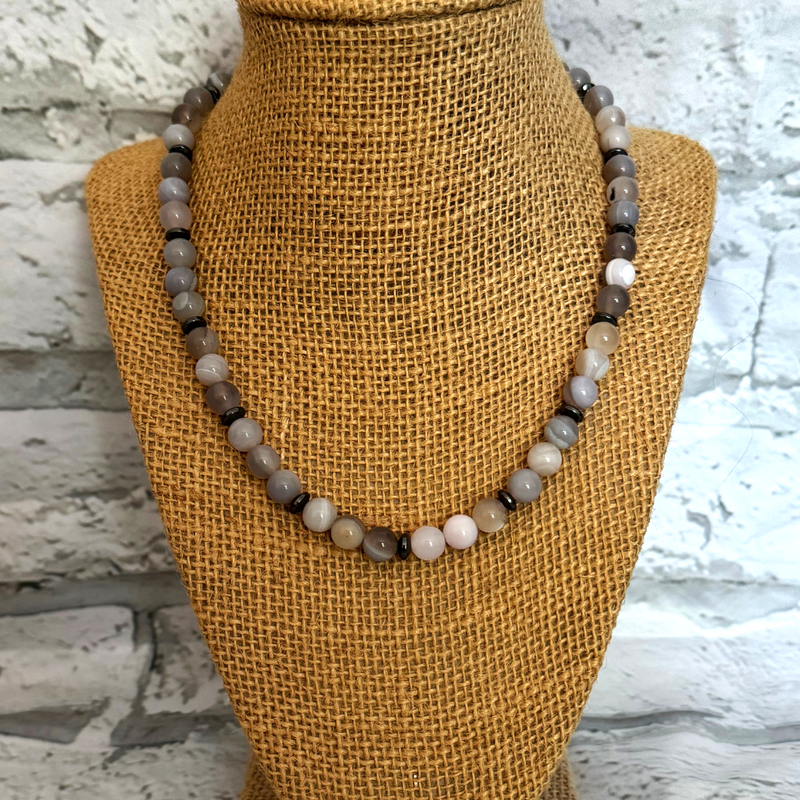 Mens Gray Agate and Gunmetal Hematite Beaded Necklace 18", 20"