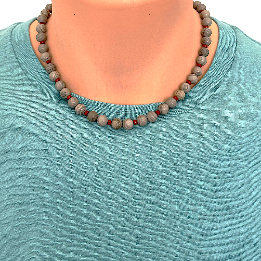 Mens Gray and Red 18" Beaded Neckalce 