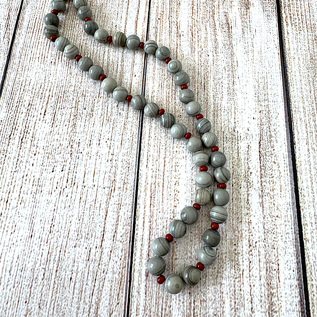 Gray and Red Mens Beaded Necklace 18"
