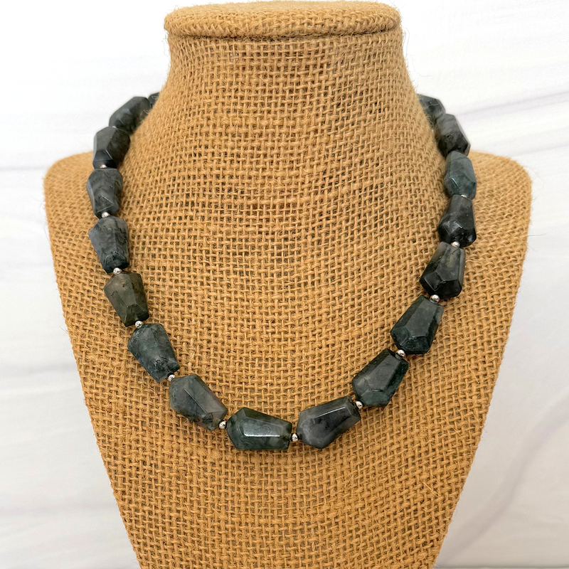 Mens Moss Agate Beaded Necklace 18"