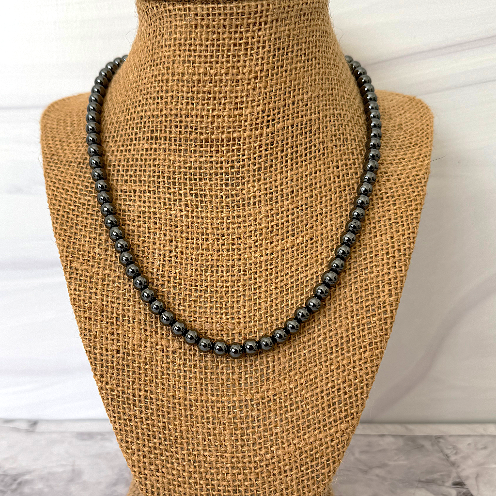 Mens 6mm Hematite Beaded Necklace Grounding Stone 24"