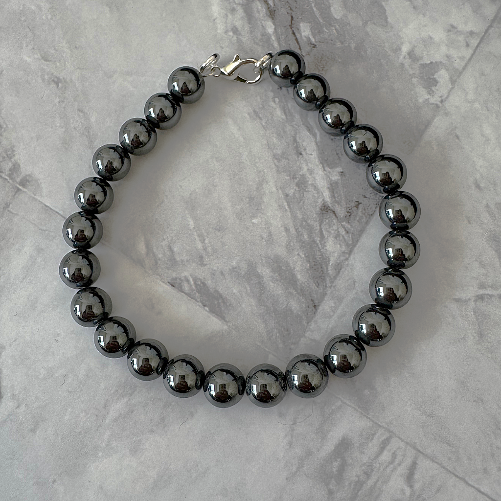 Men's 8mm Hematite Beaded Bracelet Silver Gray Gunmetal.