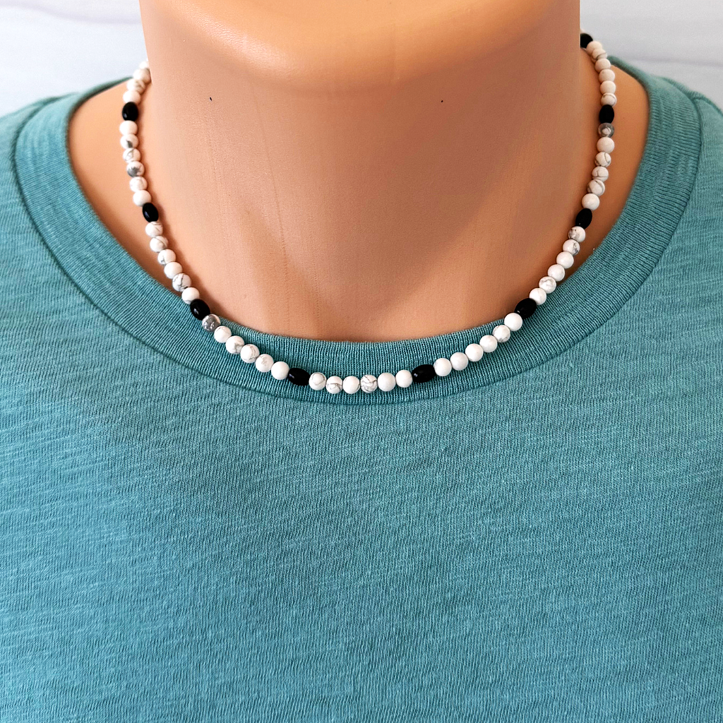 Men's Howlite and Black Onyx Barrel Beaded Necklace.