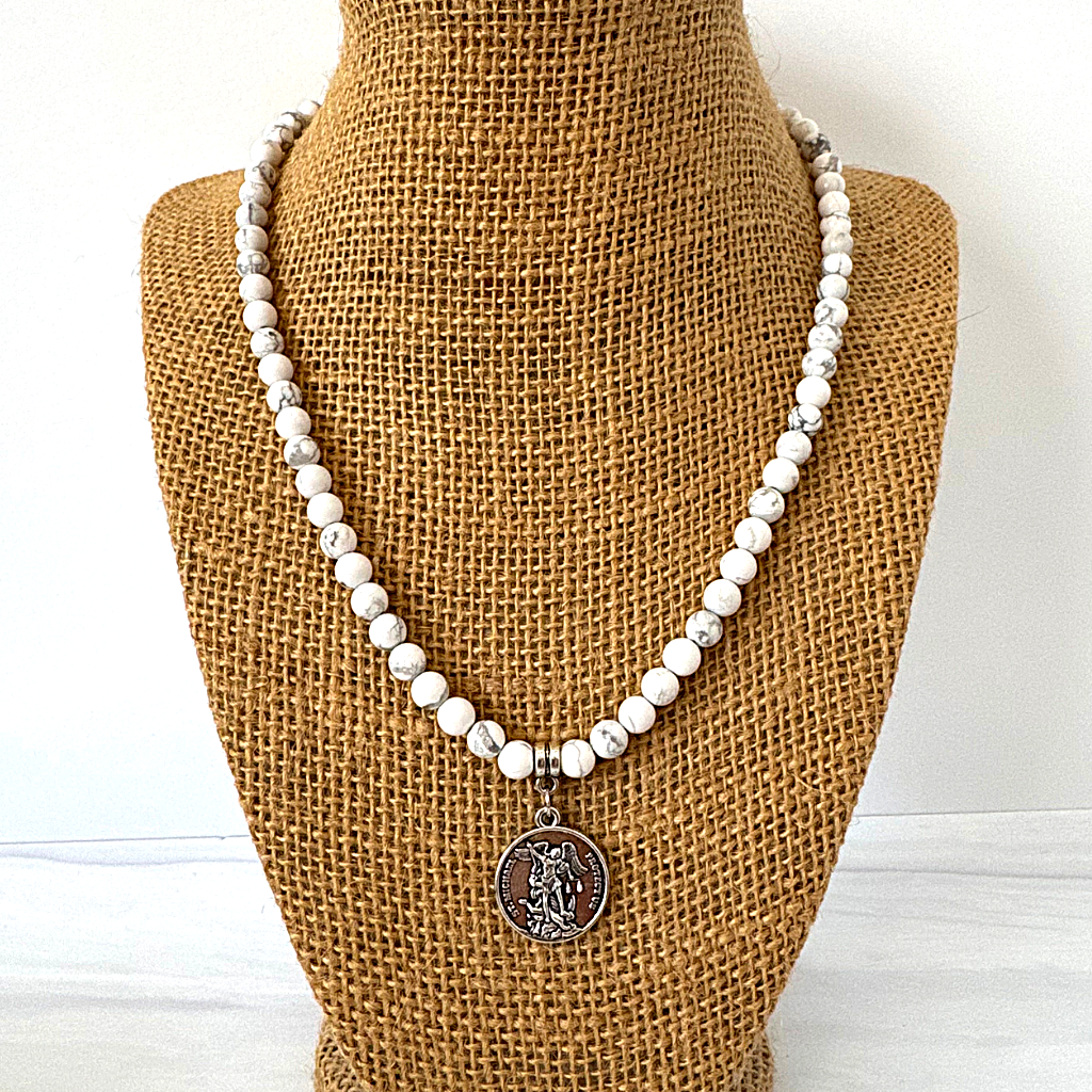 Mens 6mm Howlite Beaded Necklace With St. Michael Round Pendant