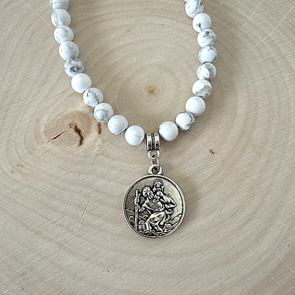 Mens 6mm Howlite Beaded Necklace With Saint Michael Back Round Pendant
