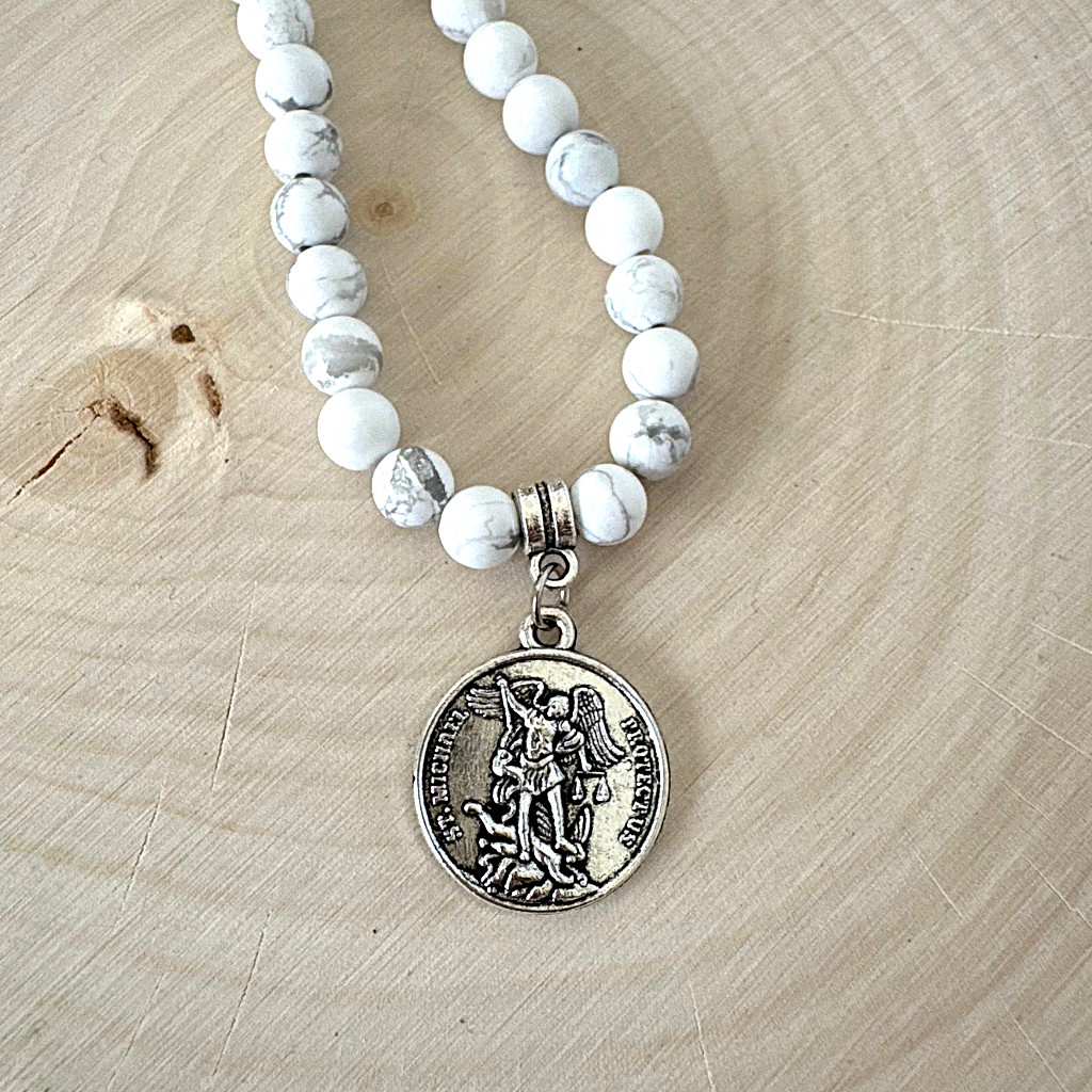 Mens 6mm Howlite Beaded Necklace With Saint Michael Front Round Pendant