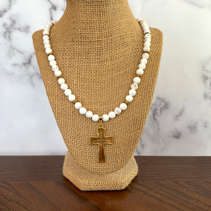Mens Magnesite Beaded Necklace with Large Gold Cross, White and Brown