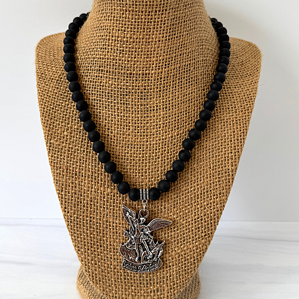 Mens Matte Black Onyx Beaded Necklace With Silver St Michael Pendant