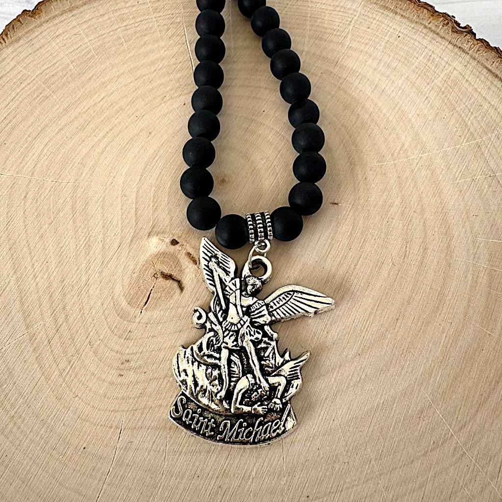 Mens Matte Black Onyx Beaded Necklace Silver Saint Michael Pendant