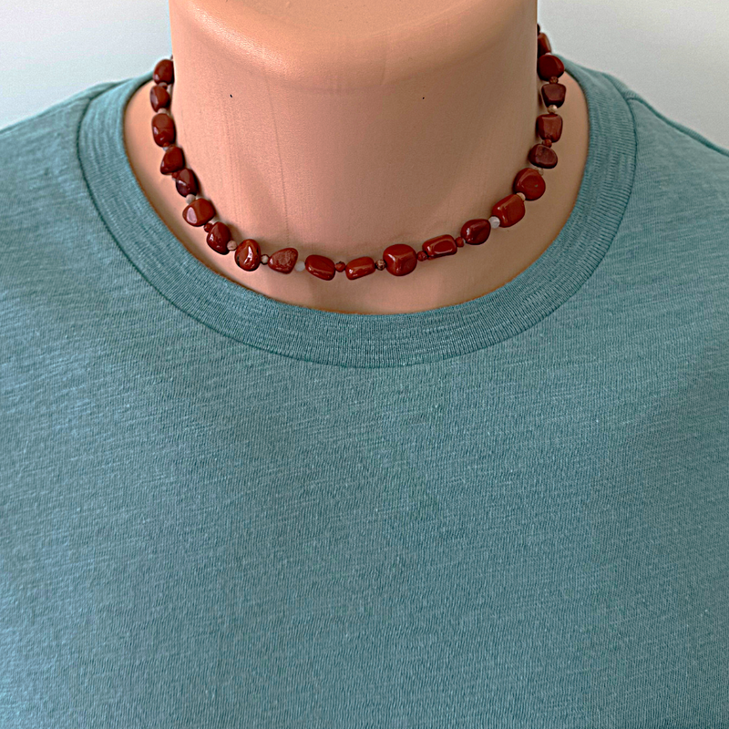 Mens Red Jasper Beaded Nugget Necklace 16"