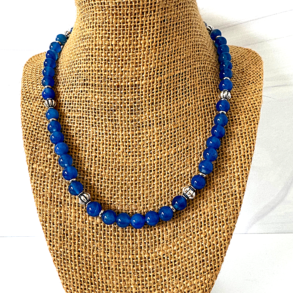 Mens Sapphire Blue Agate and Silver Beaded Necklace 8mm