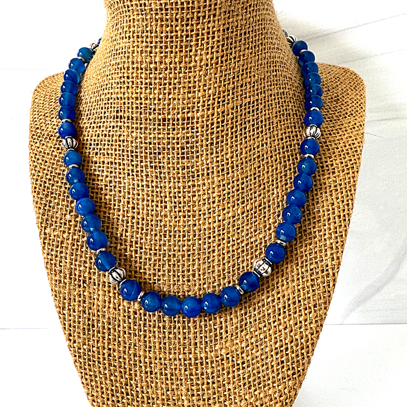 Mens Sapphire Blue Agate and Silver Beaded Necklace 8mm