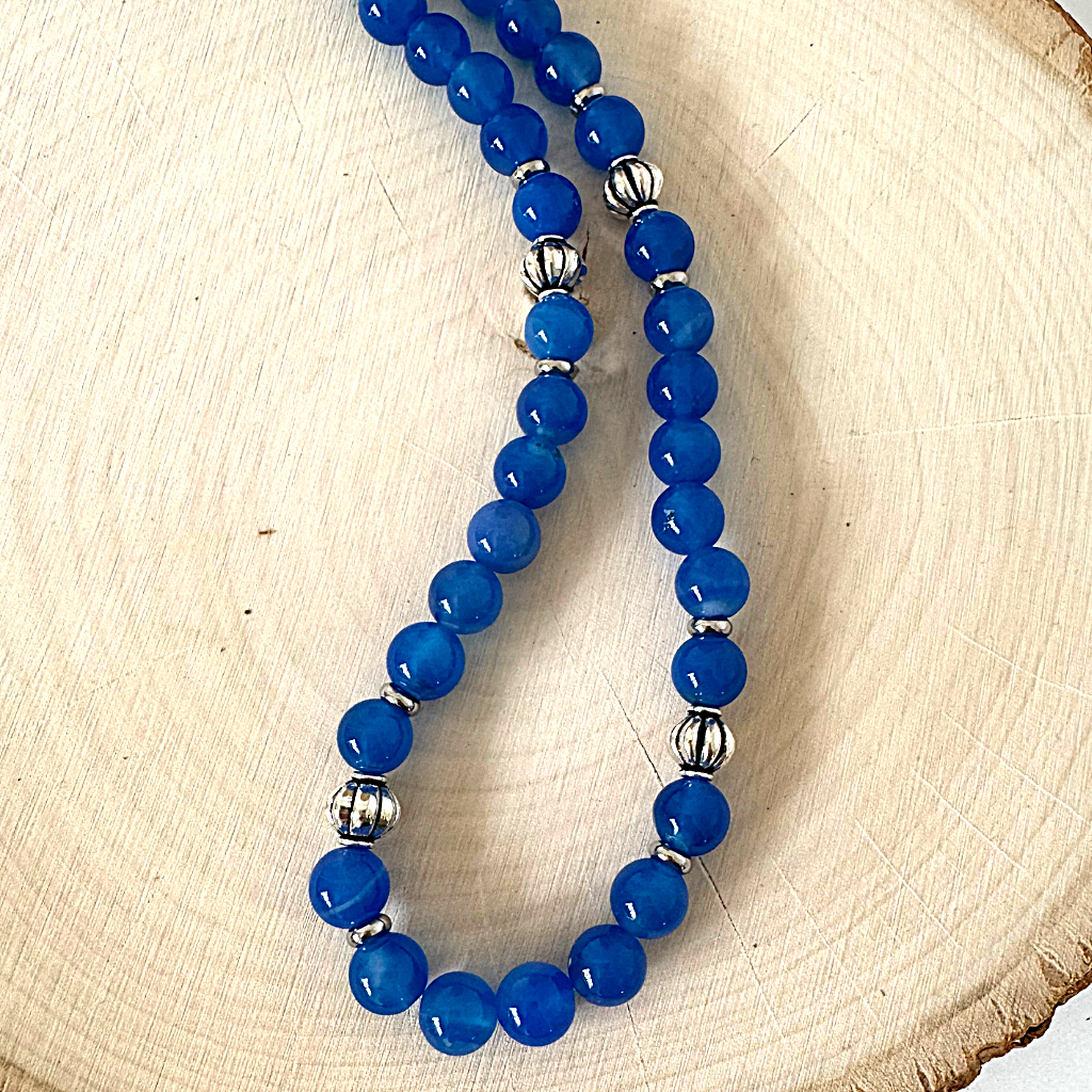 8mm Mens Sapphire Blue Agate and Silver Beaded Necklace