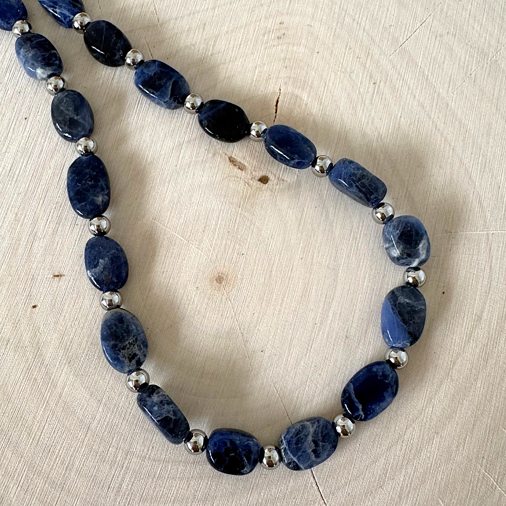 Mens Blue Sodalite Oval and Silver Beaded Necklace