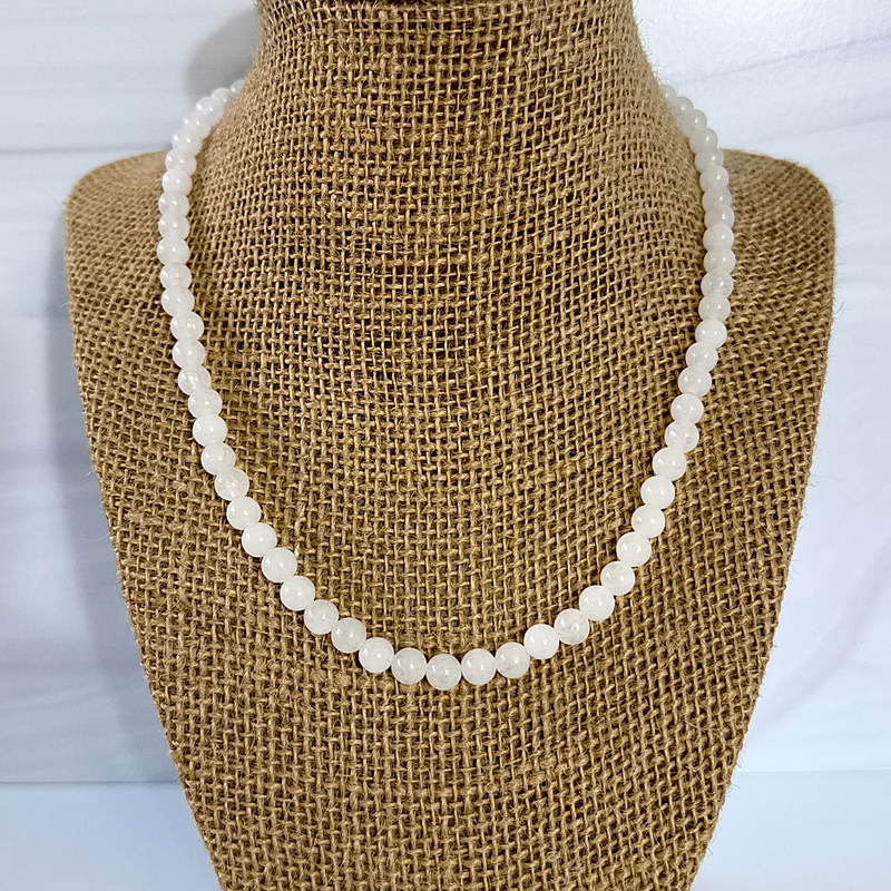 Mens 6mm White Jade Beaded Necklace 18"