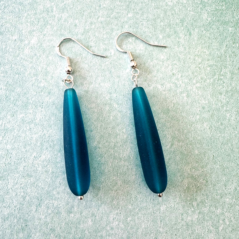 Teal Blue Long Sea Glass Dangle Earrings