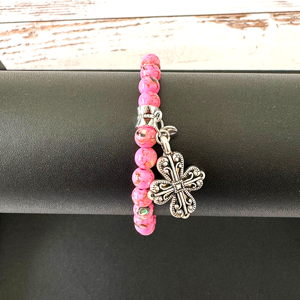 Pink Howlite Womens Bracelet with Silver Cross 7"