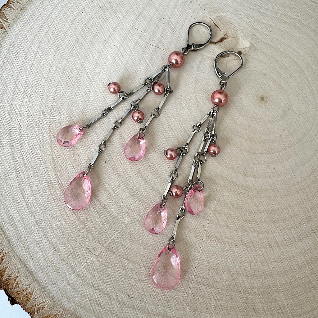 Pink Beaded Sterling Silver Pink Long Earring