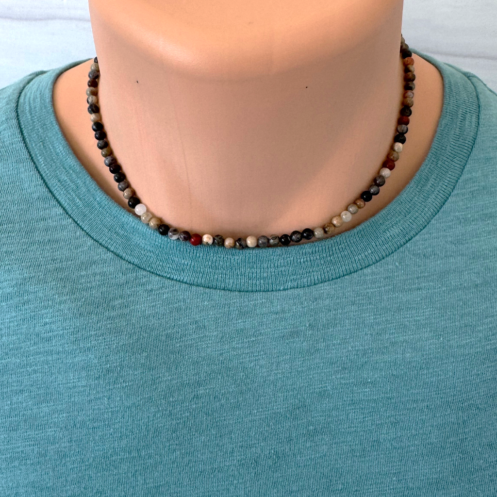 Mens Red Silver Leaf Agate 4mm Beaded Necklace.