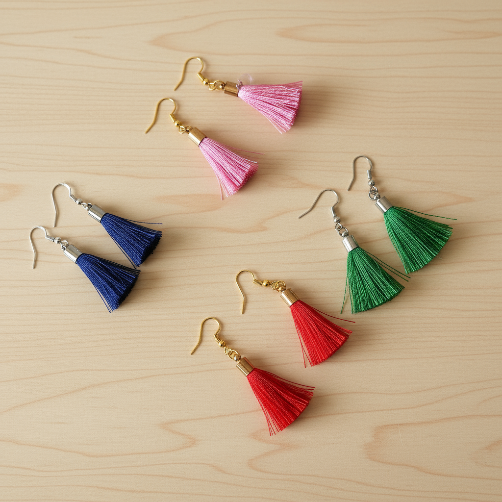 Tassel earrings in Green, Red, Pink, White, Black, and Blue