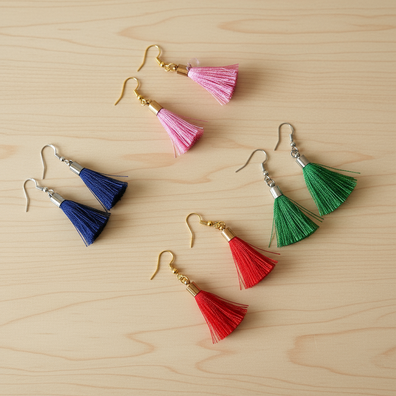 Tassel earrings in Green, Red, Pink, White, Black, and Blue.