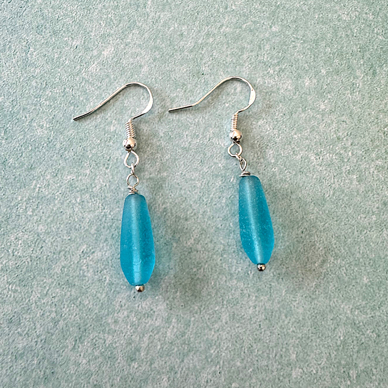 Turquoise Blue Ice Glass Dangle Earrings
