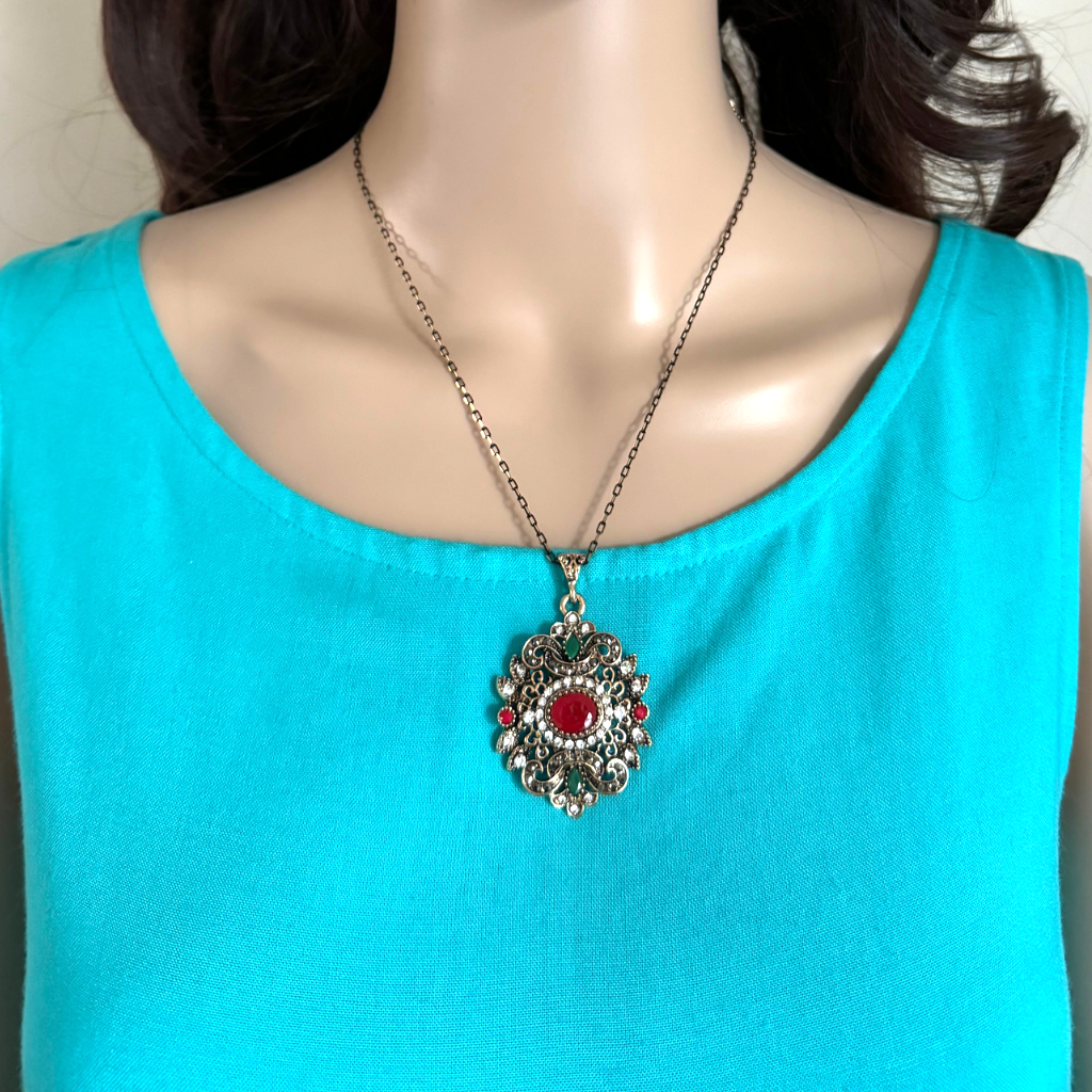 Red and Green Stone Ornate Gold Pendant Necklace