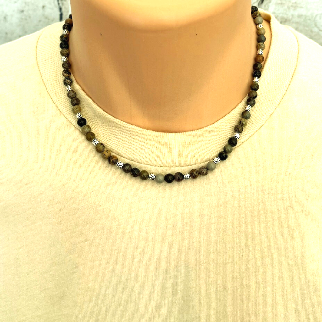 Artistic Stone and Silver Beaded Mens Necklace