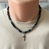 Black and Smoky Agate with Silver Cross Mens Necklace