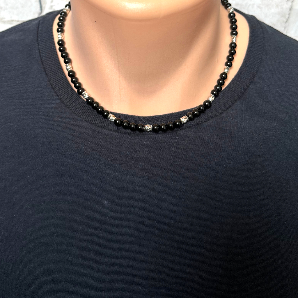 Black Onyx 6mm and Small Silver Barrel Mens Beaded Necklace