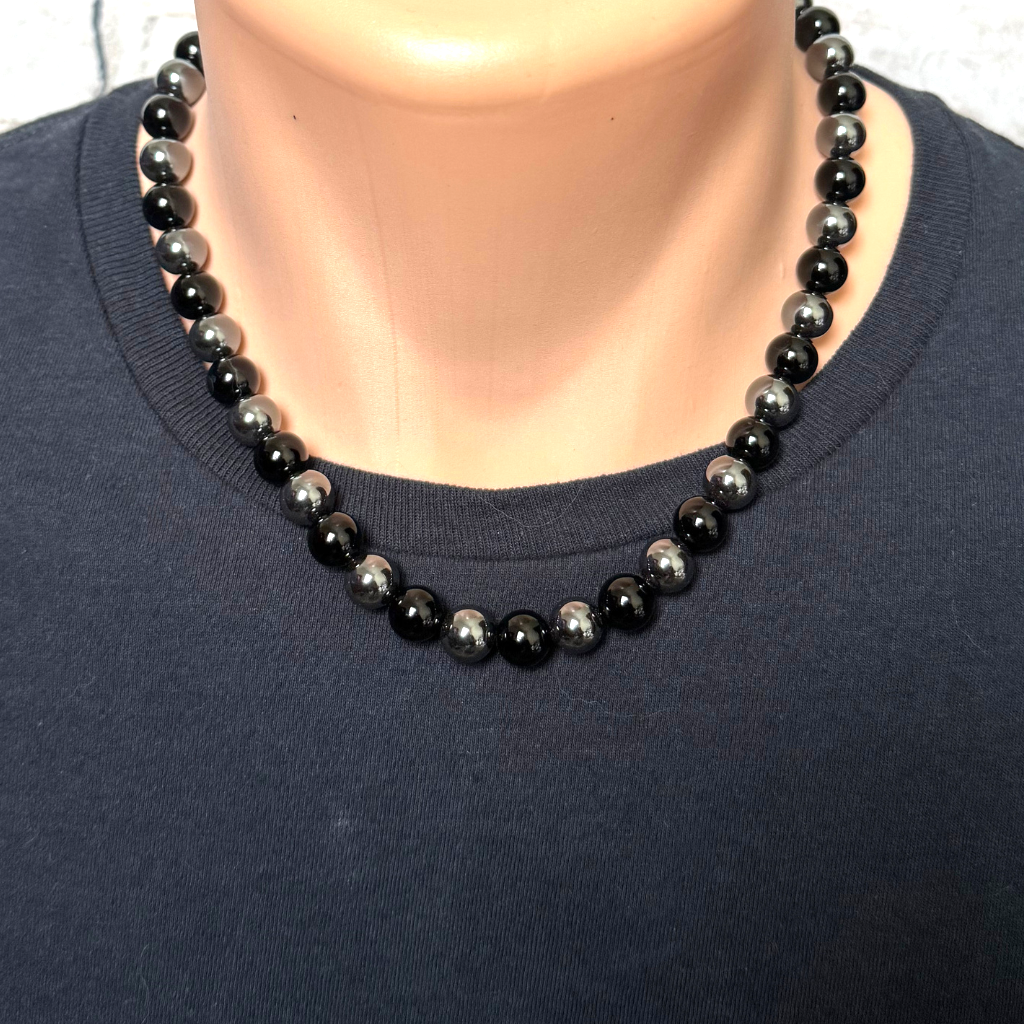 Mens Black Onyx and Hematite 10mm Beaded Necklace