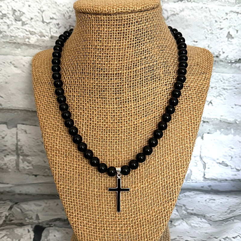 Mens Black Onyx Beaded Necklace With Sterling Silver and Black Onyx Cross.