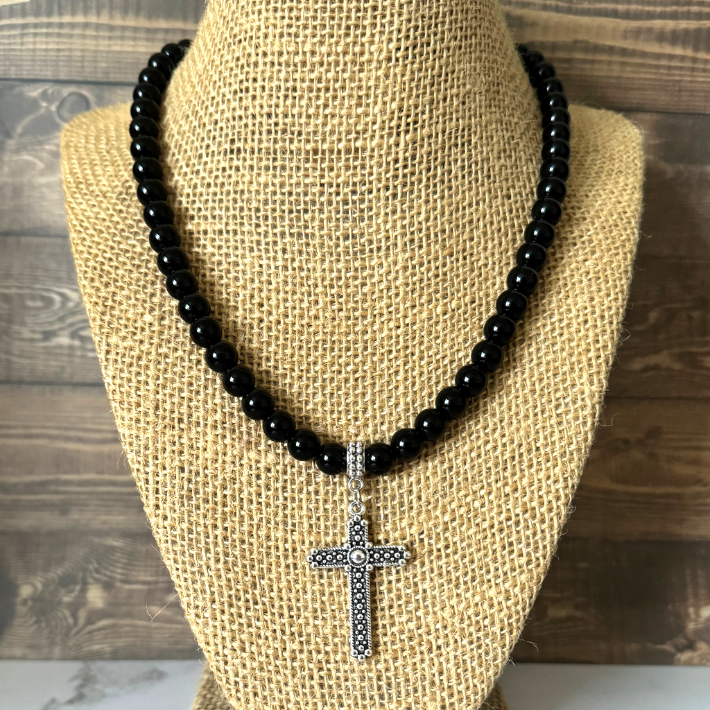Black Onyx Silver Textured Cross Mens Beaded Necklace