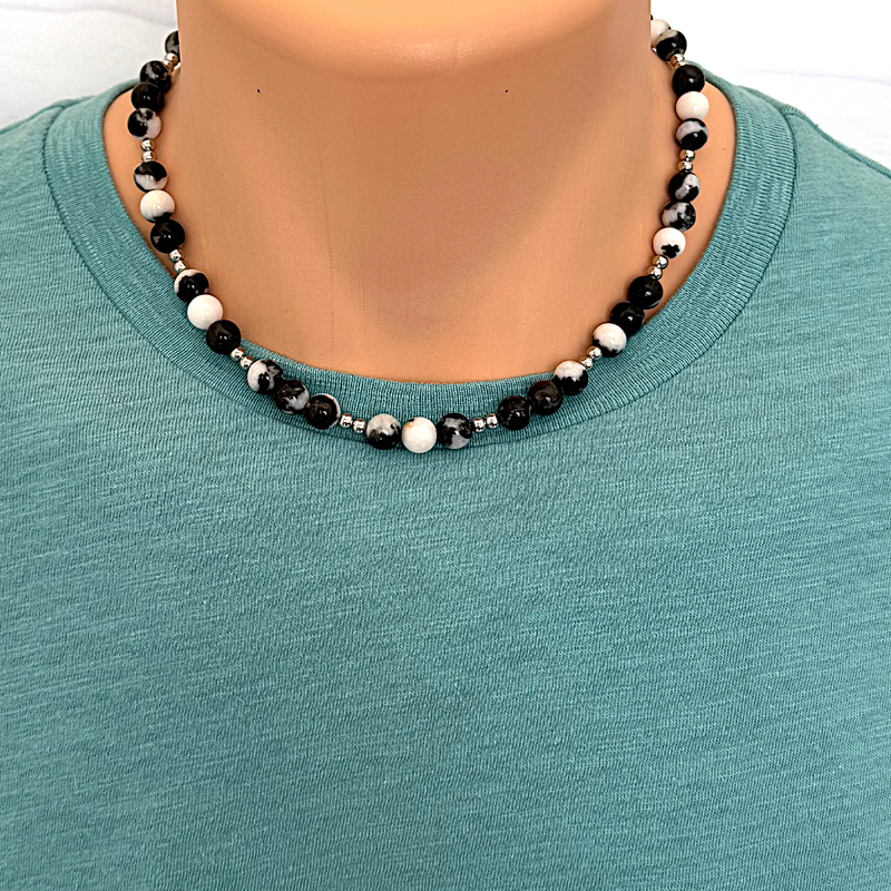 Mens Black Zebra Agate and Silver Round Beaded Necklace 18" 20"